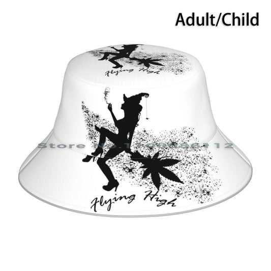 Flying High Witch Bucket Hat Sun Cap Witch Halloween Flying Weed Sexy Smoking Smoke Scary Spider Stars High Chill Dream Beauty